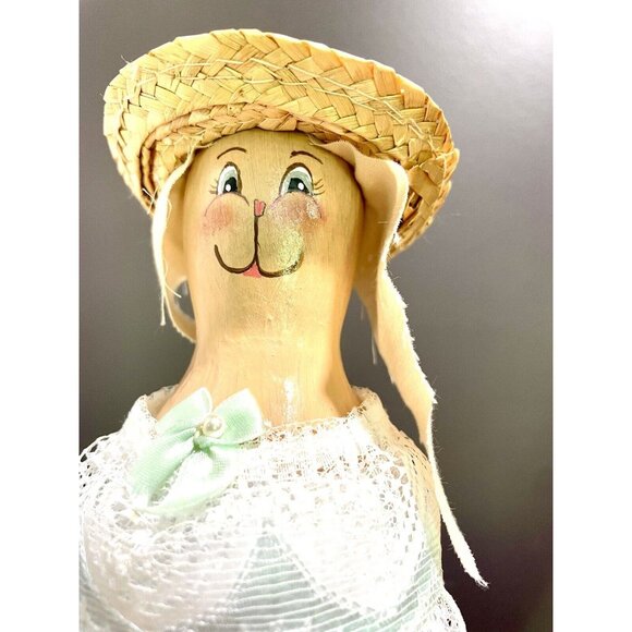 Vintage Hand Painted Farmer Bunny Gourd Art Shaker Style Lace Dress & Straw Hat - Picture 2 of 6